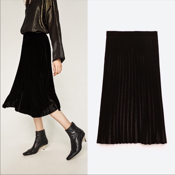 black pleated midi skirt zara